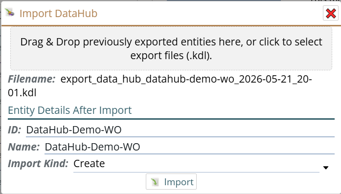 Shows DataHub import dialog ready to import as a new connector